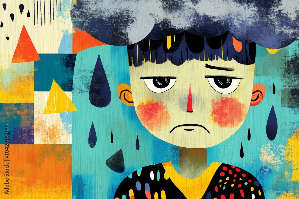 Poster a young boy with a sad expression beneath a rain cloud, surrounded by colorful geometric shapes and 