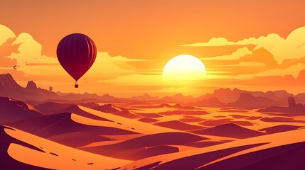 Fototapeta premium Hot air balloons soaring over desert dunes at sunrise, a travel experience filled with breathtaking views and glowing landscapes.