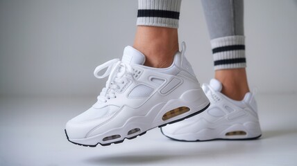 White sneakers worn with gray leggings, close-up, casual style, neutral backdrop