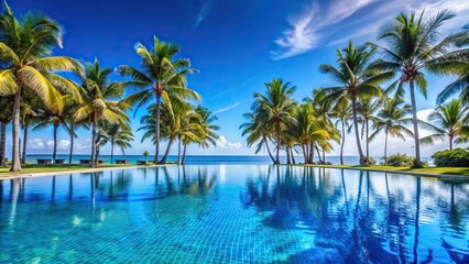 Fototapeta premium Description: A serene blue pool with swaying palm trees against a clear sky