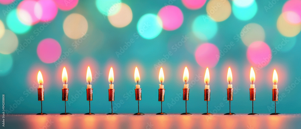 Poster a vibrant display of lit candles against a colorful bokeh background, creating a warm and festive at