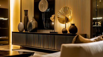 A modern luxury TV cabinet featuring fluted paneling as a stunning feature wall in a living area.