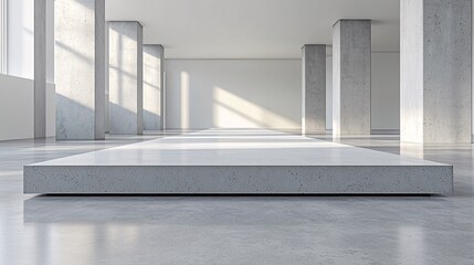 Obraz premium Concrete Platform in Minimalist Interior with Columns and Sunlight