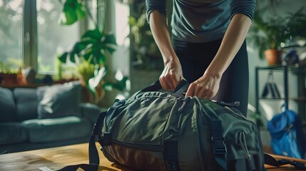 A close-up of a woman at home packing a sports bag with gear and clothes on a table. arranging fitness, gymnastics, or aerobics exercises in preparation for an intense gym session.