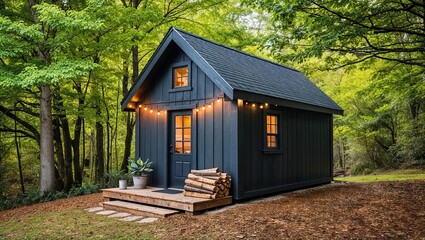 Fototapeta premium rustic, small wooden cabin nestled in a lush, green forest setting. The cabin is painted in a dark charcoal color, with a steep, shingled roof and a single glass door at the front.