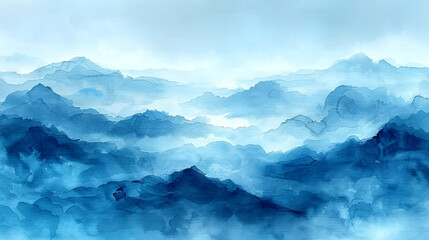 Obraz premium Misty blue mountain range landscape at dawn with soft, tranquil hues