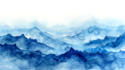 Fototapeta premium A tranquil watercolor landscape showcasing layered blue mountains at dawn