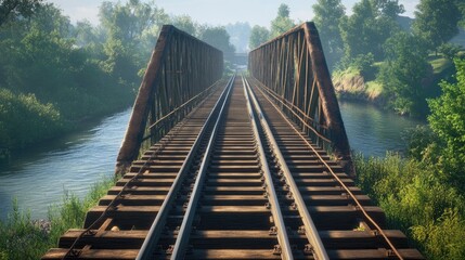 Fototapeta premium Scenic View of Steel Railway Tracks Over Water