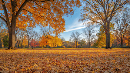 Fototapeta premium A captivating view of a meadow covered in fallen leaves, inviting visitors to walk and enjoy the crisp autumn air.