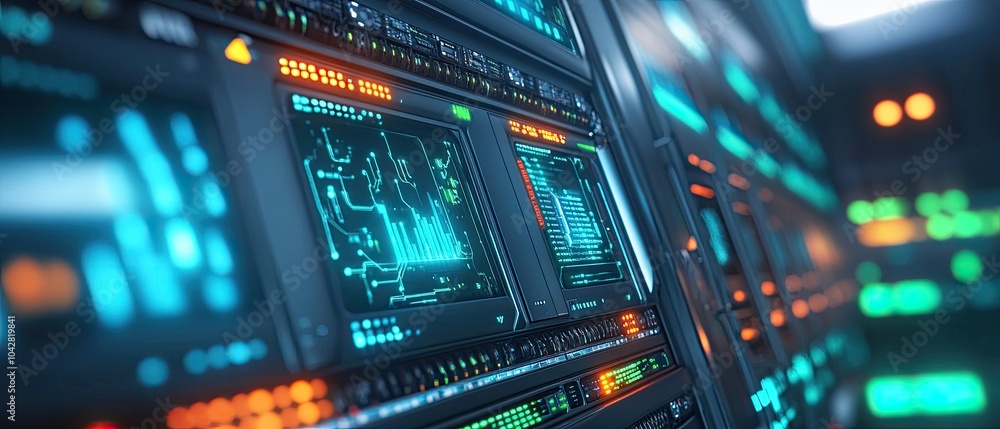 Poster high-tech data center with glowing servers and screens