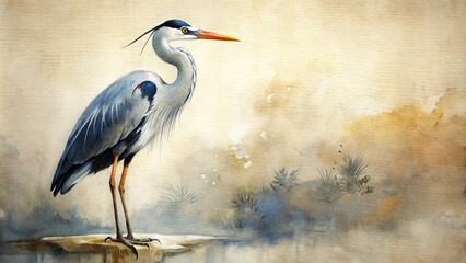 Naklejka premium Japanese style heron ink watercolor painting on canvas print desktop wallpaper background from high angle view