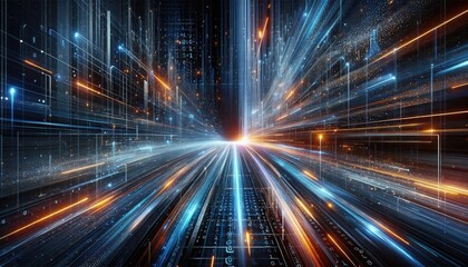 Futuristic Data Highway: Rapid Light Trails Representing Machine Learning, AI Processing, and Big Data Transmission in a Digital Matrix Environment with Floating Binary Code