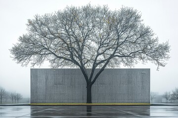 A bare tree in front of a concrete wall on a foggy day