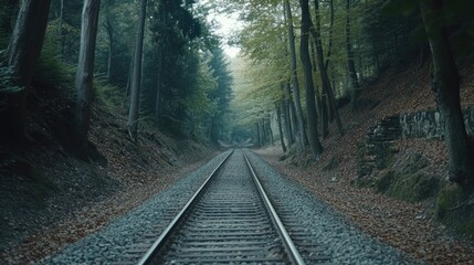 Fototapeta premium Serene Railway Tracks in a Misty Forest Landscape