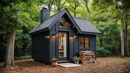rustic, small wooden cabin nestled in a lush, green forest setting. The cabin is painted in a dark charcoal color, with a steep, shingled roof and a single glass door at the front.
