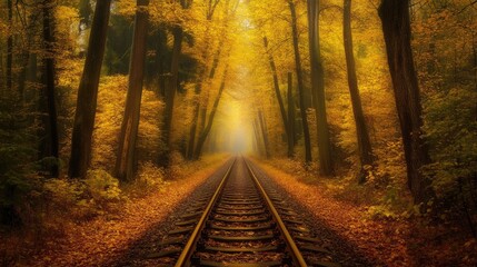 Fototapeta premium Railway Tracks Disappearing Into Thick Autumn Forest