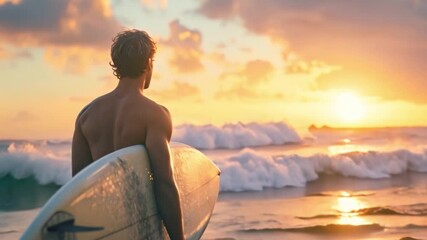 A surfer stands at the shore, holding a surfboard and watching the vibrant sunset over the ocean, ready to hit the waves on a warm summer evening.