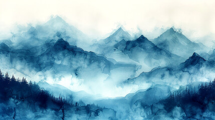 Majestic blue mountain range enveloped in mist at dawn reflecting serene tranquility