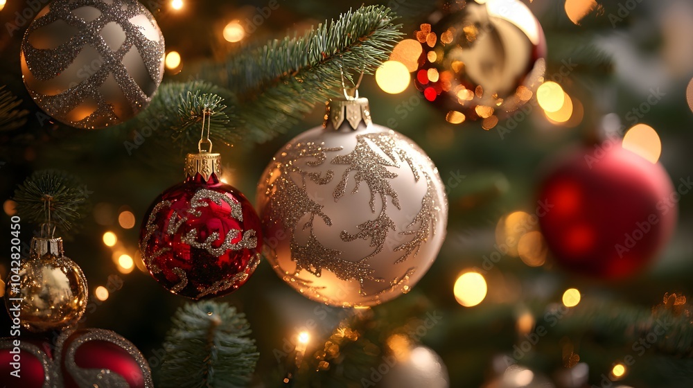 Poster close-up of a decorated christmas tree, focusing on shiny red and golden ornaments with blurred ligh
