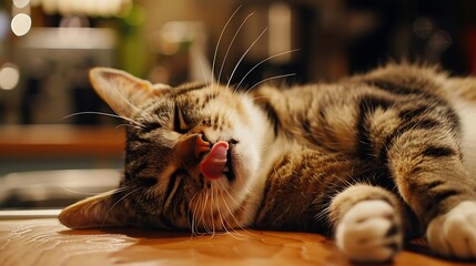 Cat licking his lips while lying on his side on the kitchen table