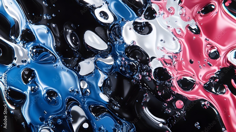 Poster an abstract liquid art composition featuring swirling black, blue, and pink fluid textures, creating