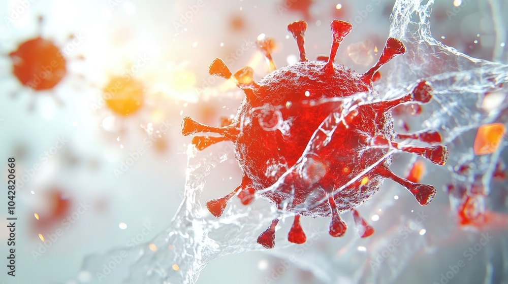 Poster close-up view of virus attaching in 3d visualization