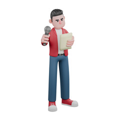 Animated Male Singer. A male singer is standing while reading a lyric book and holding a mic. 3D Vocal Performance