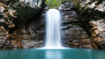 Obraz premium A serene waterfall cascades into a tranquil turquoise pool, surrounded by lush greenery and rugged stone cliffs.