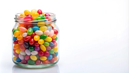 Jelly beans in glass jar on white background