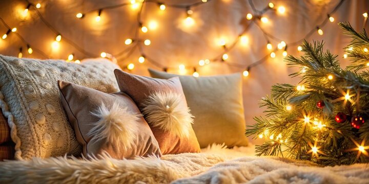 festive Christmas background adorned with twinkling lights and plush pillows