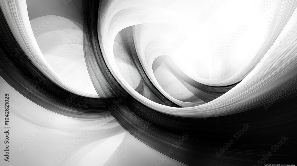 Poster abstract black and white swirling patterns create a dynamic visual flow.