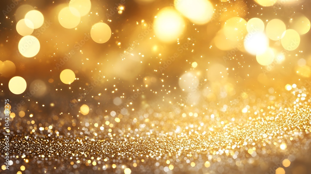 Poster abstract golden bokeh lights with sparkling glitter texture, creating a festive and glamorous backgr