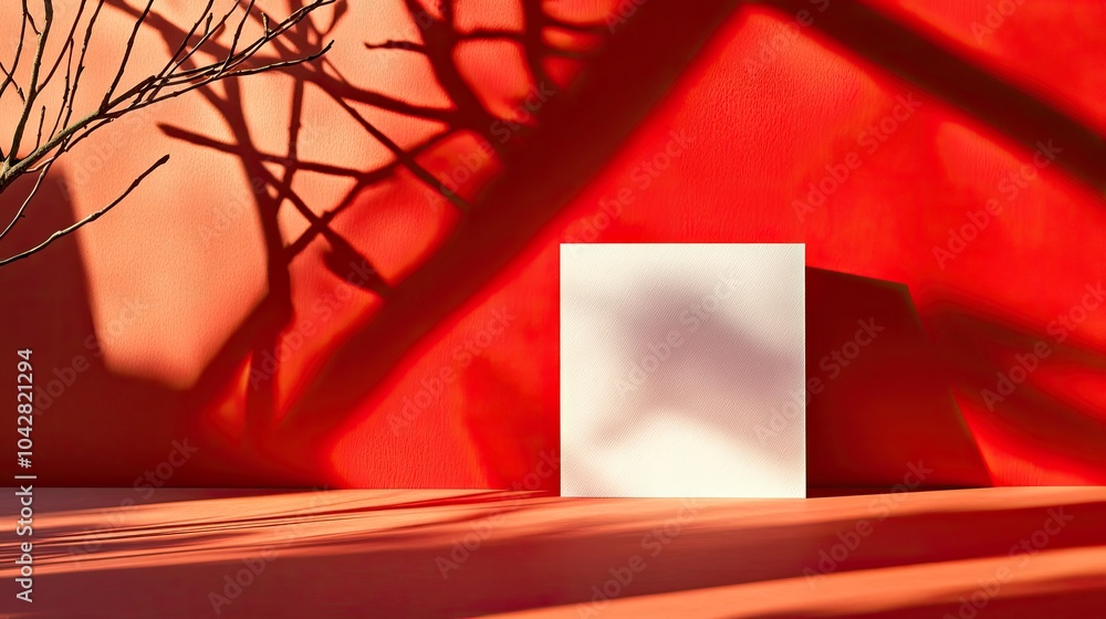 Poster minimalist studio space with red background and shadows