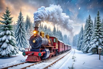 festive christmas train chugging through snowy winter landscape