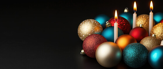 Obraz premium A festive arrangement of colorful ornaments and candles, creating a warm and inviting atmosphere perfect for celebrating the holiday season.