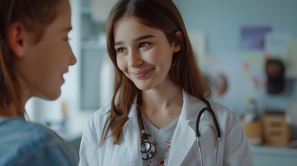 A white-coated, amiable doctor is helping a teenage child. A contented, attractive young pediatrician at the clinic speaks to a schoolgirl, comforts her, smiles, and puts a hand on her shoulder.