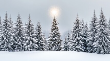 Obraz premium Snowy Forest Scene with Tall Pine Trees