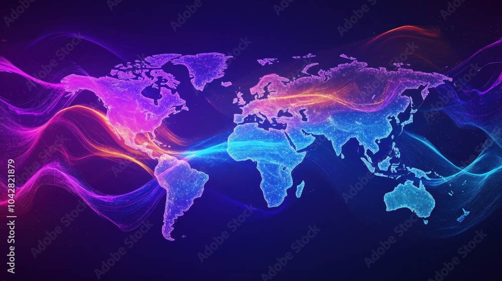 Poster colorful world map with glowing lines representing connectivity and data flow