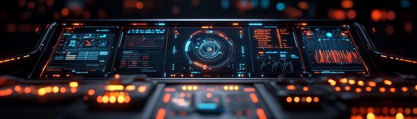 Futuristic Control Interface with Neon Illuminations and Data Visualizations