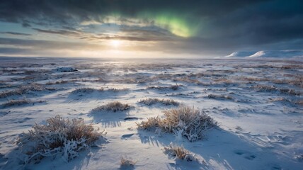 Fototapeta premium The northern lights dance over a snow-covered landscape.