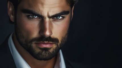 Fototapeta premium Dramatic Male Portrait with Intense Gaze in Dark Setting