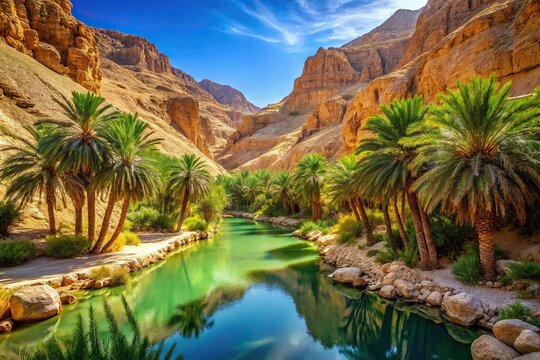Desert oasis with palm trees and canyons in Nefta Chebika