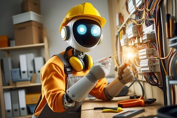 AI Electrician: A New Era of Efficiency - A sleek, futuristic AI robot wearing a protective suit, expertly repairing electrical wiring, showcasing the advancements in artificial intelligence 