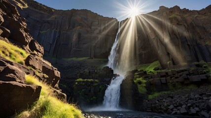 A majestic waterfall cascades through a dramatic canyon.
