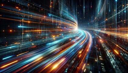 Futuristic Data Highway: Rapid Light Trails Representing Machine Learning, AI Processing, and Big Data Transmission in a Digital Matrix Environment with Floating Binary Code