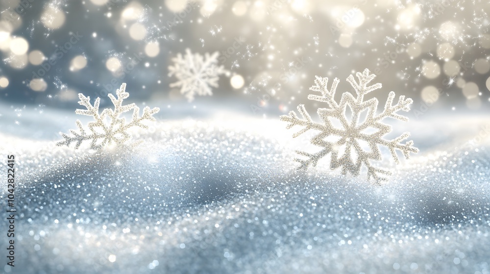 Poster close-up of delicate snowflakes resting on a bed of sparkling snow, reflecting gentle winter light, 