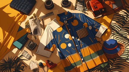 Stylish fashion flat lay, featuring trendy clothing items, accessories, and fabric swatches arranged in a visually appealing manner, with bold colors and patterns that celebrate contemporary style.
