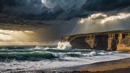 Light Breaks Through Storm Clouds Over a Dramatic Coastline.