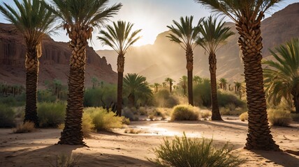 Fototapeta premium A desert oasis shimmers as the sun sets behind the rocky cliffs.