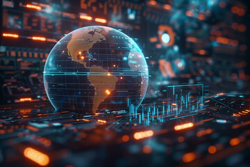 Fototapeta premium Futuristic Global Network Interface in a High-Tech Control Room with Digital Screens and Glowing Maps
